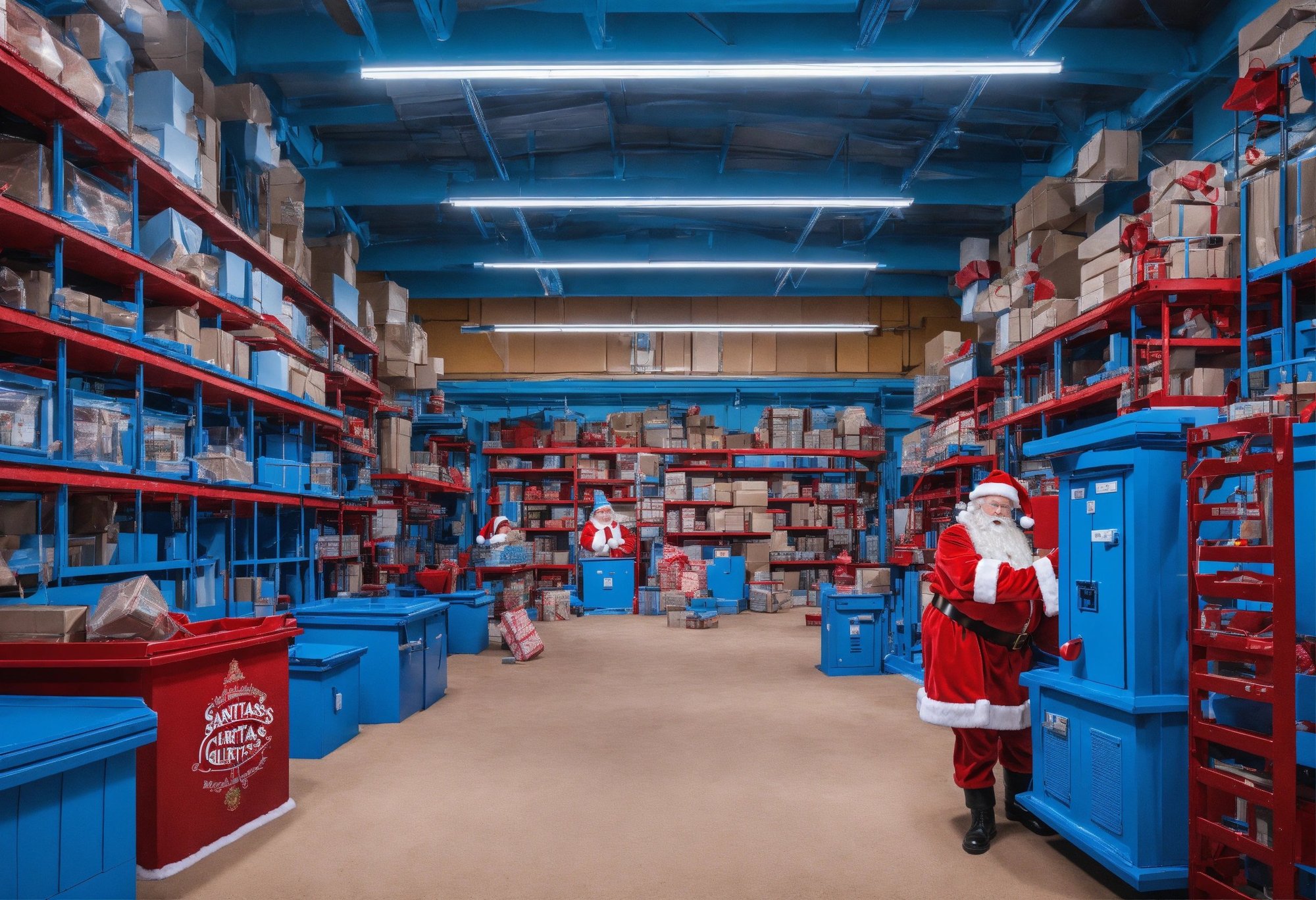 Santa Claus gift factory from the inside in blue